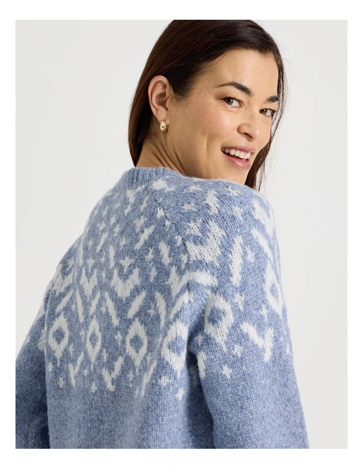Crew Neck Fairisle Jumper in Blue and Ivory image 2