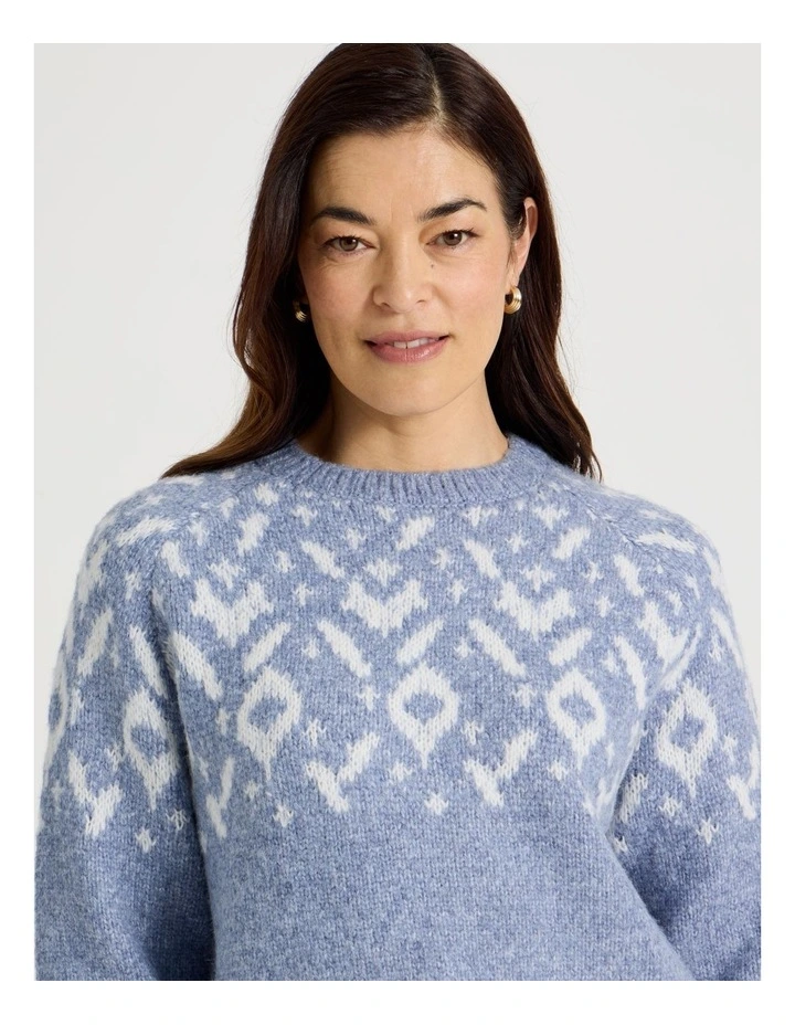 Crew Neck Fairisle Jumper in Blue and Ivory image 3