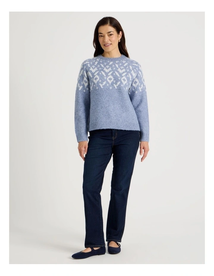 Crew Neck Fairisle Jumper in Blue and Ivory image 4