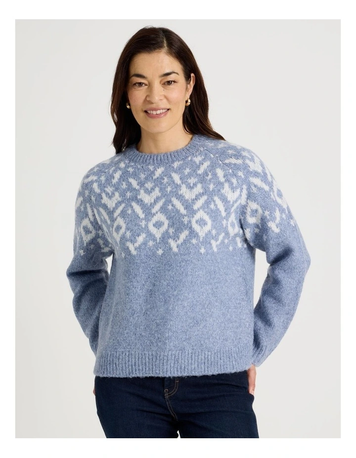 Crew Neck Fairisle Jumper in Blue and Ivory image 5