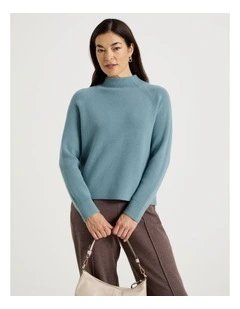 Stand Collar Raglan Sleeve Jumper in Dusty Blue