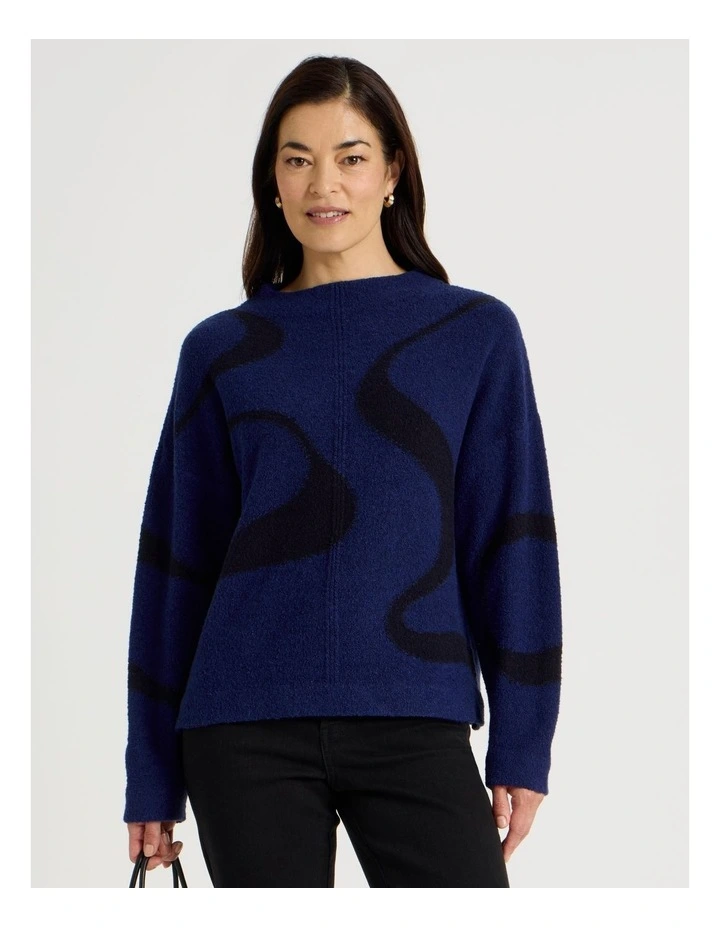 Stand Neck Swirl Intarsia Jumper in Bright Blue and Navy image 1
