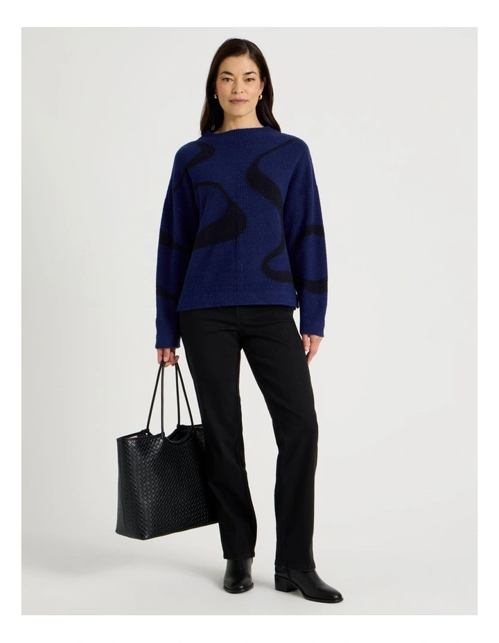Stand Neck Swirl Intarsia Jumper in Bright Blue and Navy image 2