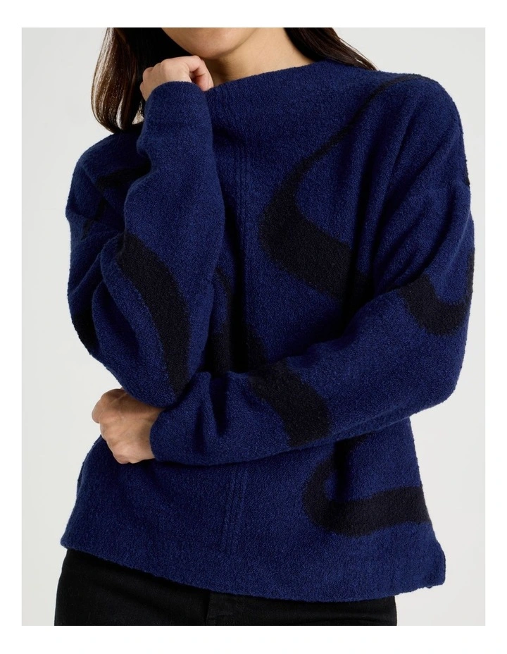 Stand Neck Swirl Intarsia Jumper in Bright Blue and Navy image 3