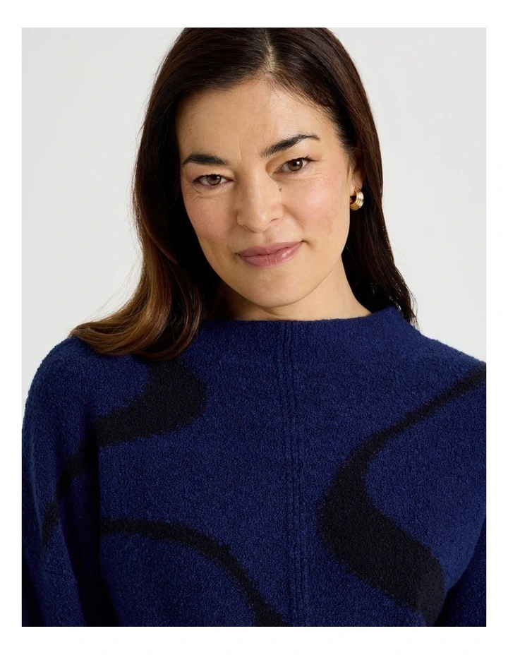 Stand Neck Swirl Intarsia Jumper in Bright Blue and Navy image 4