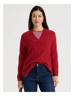 V Neck Cable Jumper in Red