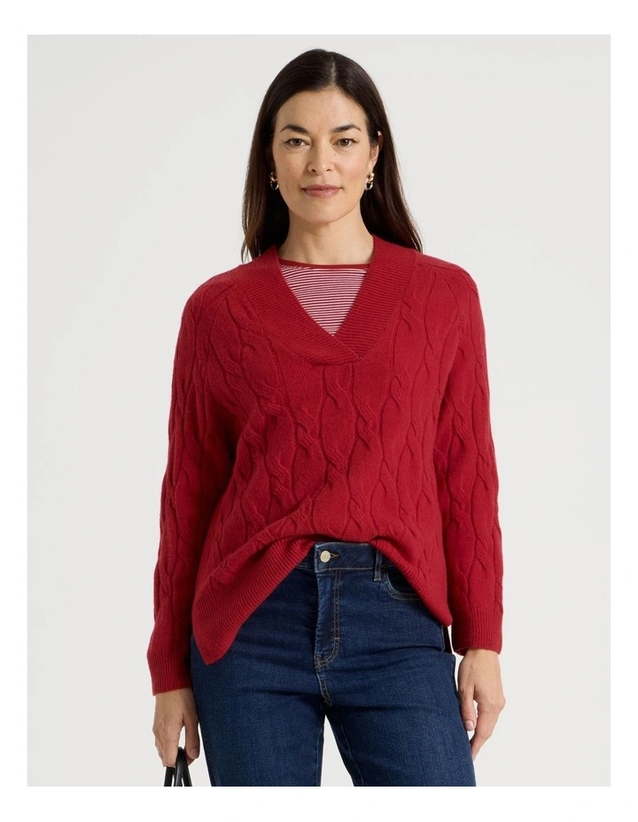 V Neck Cable Jumper in Red image 1