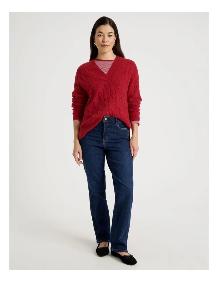 V Neck Cable Jumper in Red image 2