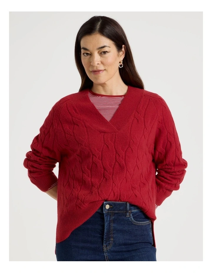 V Neck Cable Jumper in Red image 3