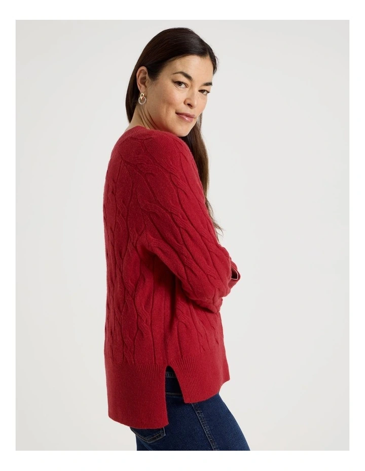 V Neck Cable Jumper in Red image 4