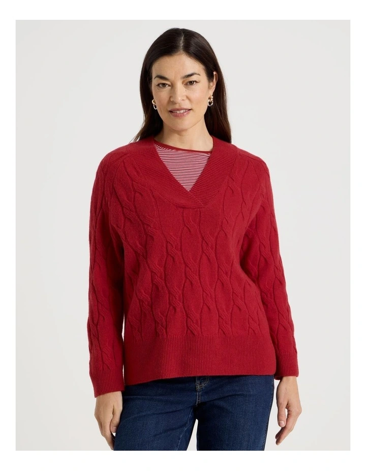 V Neck Cable Jumper in Red image 5