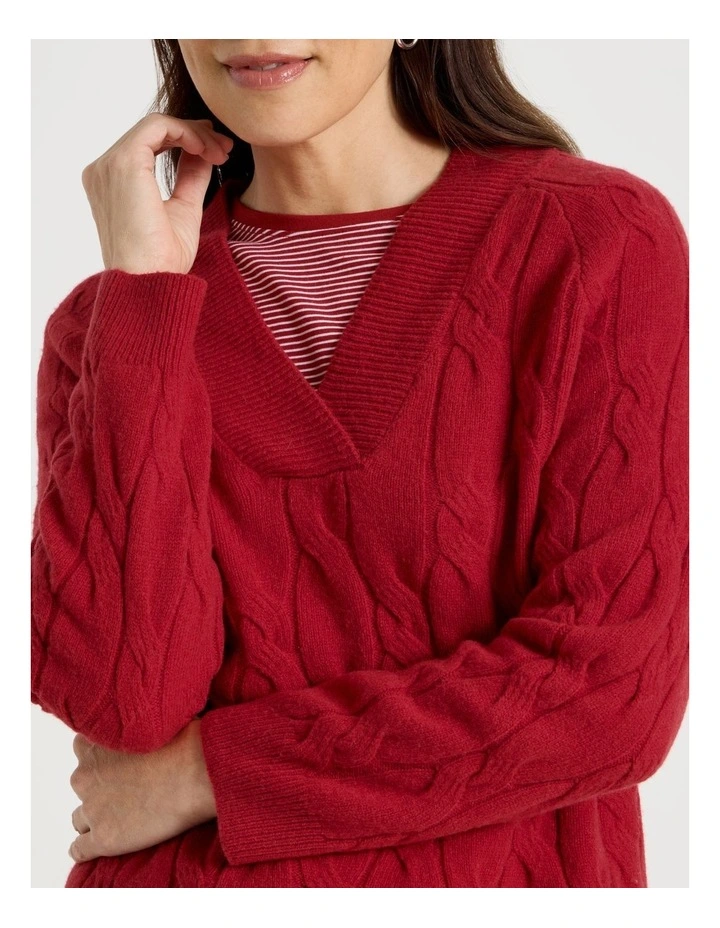 V Neck Cable Jumper in Red image 7