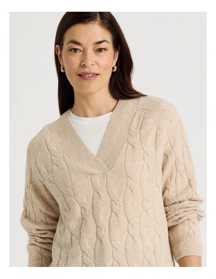 V Neck Cable Jumper in Oatmeal image 2