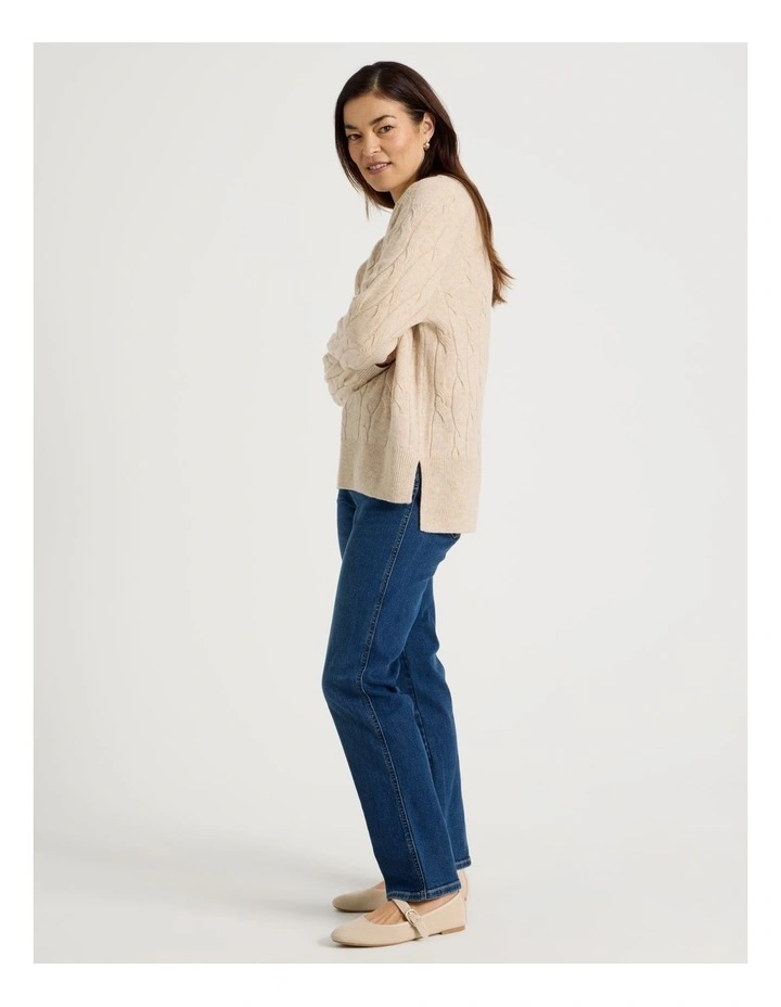 V Neck Cable Jumper in Oatmeal image 3