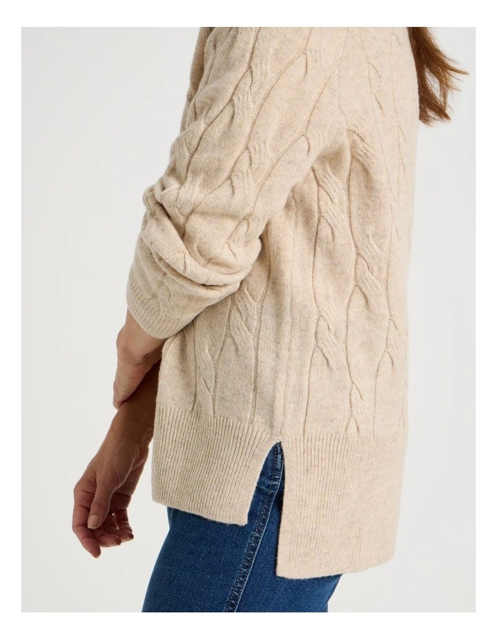 V Neck Cable Jumper in Oatmeal image 4