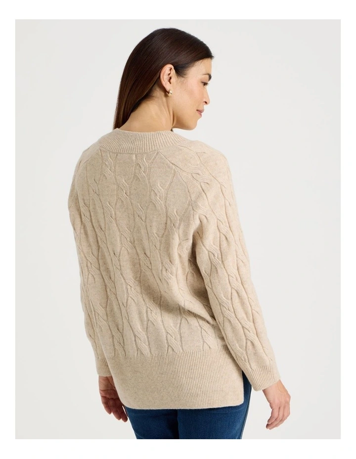 V Neck Cable Jumper in Oatmeal image 5