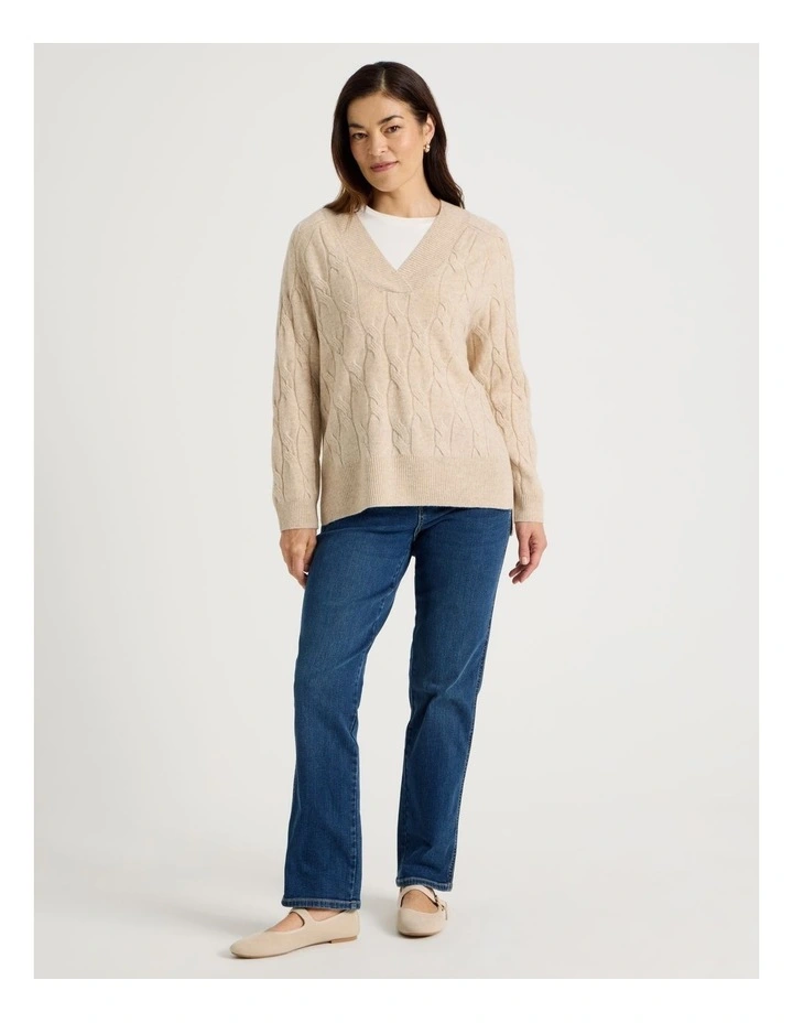 V Neck Cable Jumper in Oatmeal image 6