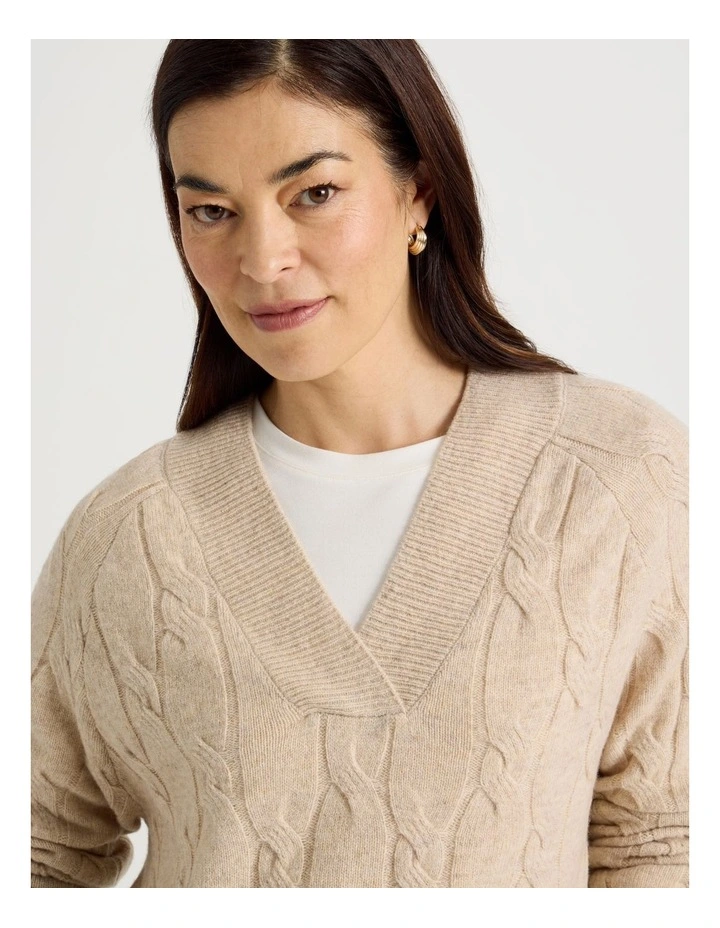 V Neck Cable Jumper in Oatmeal image 7