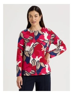 Button Shoulder Ponte Tee With Curved Hem in Red/Pink/Navy Large Abstract