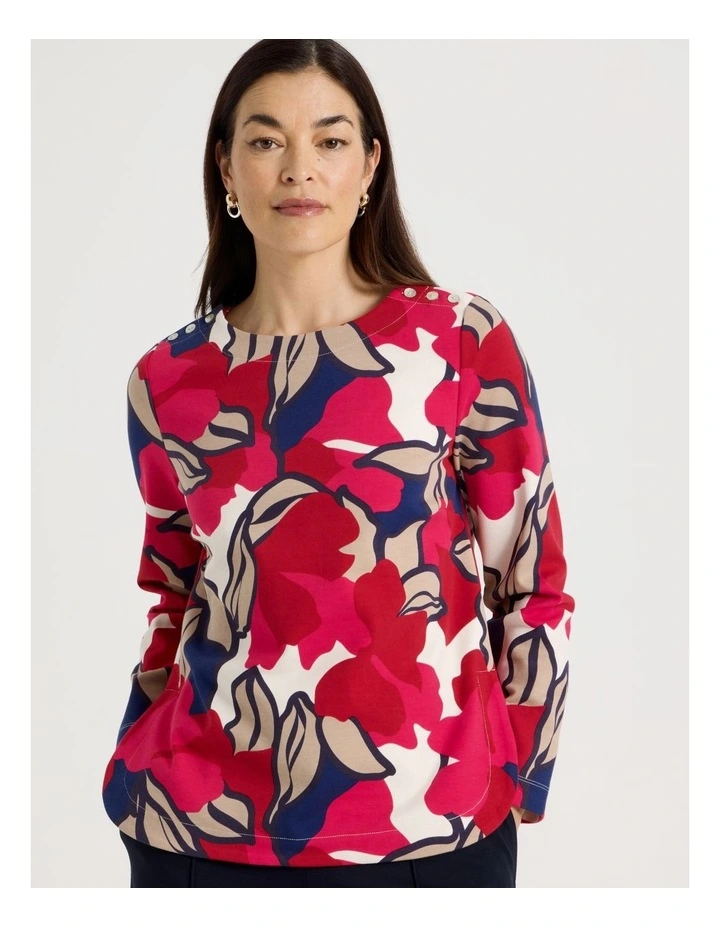 Button Shoulder Ponte Tee With Curved Hem in Red/Pink/Navy Large Abstract image 3