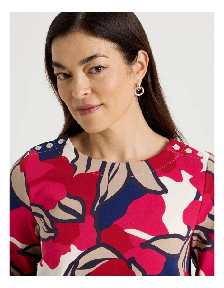 Button Shoulder Ponte Tee With Curved Hem in Red/Pink/Navy Large Abstract image 4