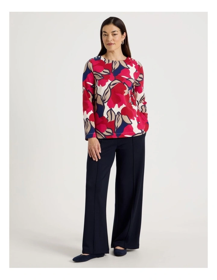 Button Shoulder Ponte Tee With Curved Hem in Red/Pink/Navy Large Abstract image 5