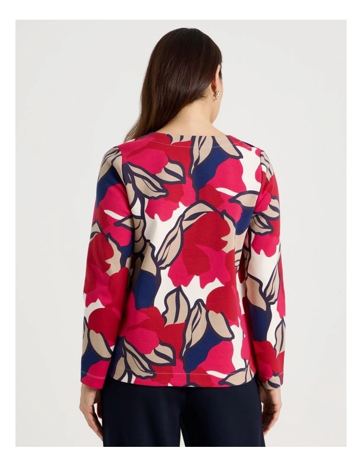 Button Shoulder Ponte Tee With Curved Hem in Red/Pink/Navy Large Abstract image 6