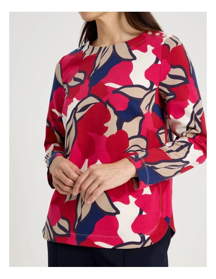 Button Shoulder Ponte Tee With Curved Hem in Red/Pink/Navy Large Abstract image 7