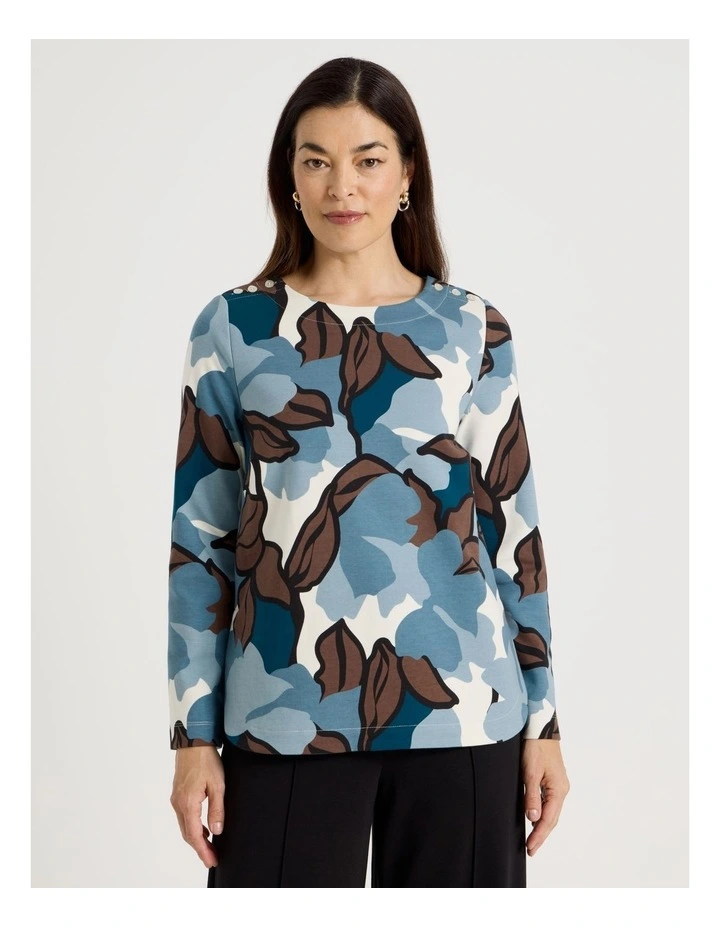 Button Shoulder Ponte Tee With Curved Hem in Teals/Brown/Black Large Abstract image 1