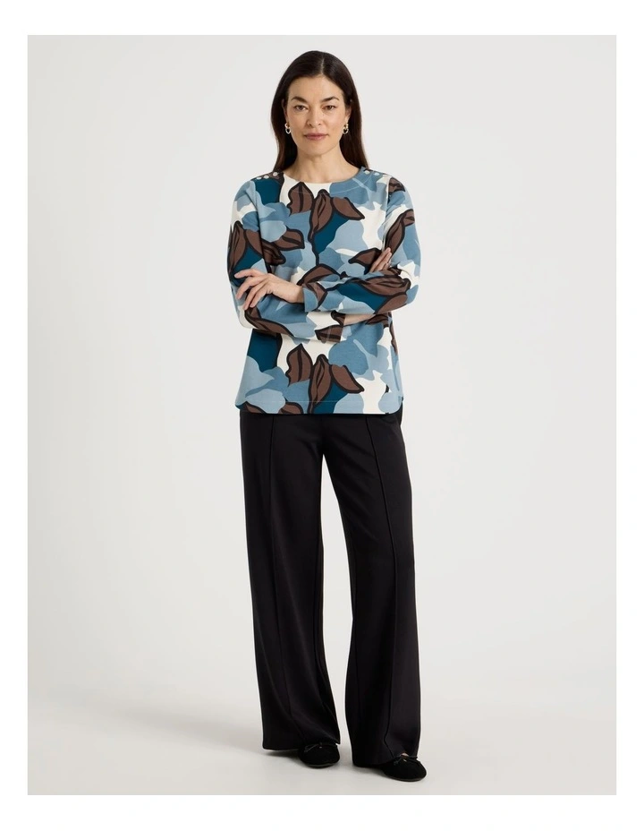 Button Shoulder Ponte Tee With Curved Hem in Teals/Brown/Black Large Abstract image 2