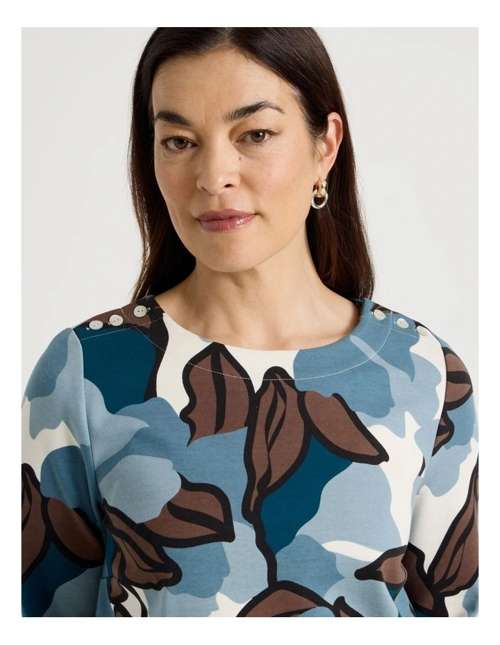 Button Shoulder Ponte Tee With Curved Hem in Teals/Brown/Black Large Abstract image 3