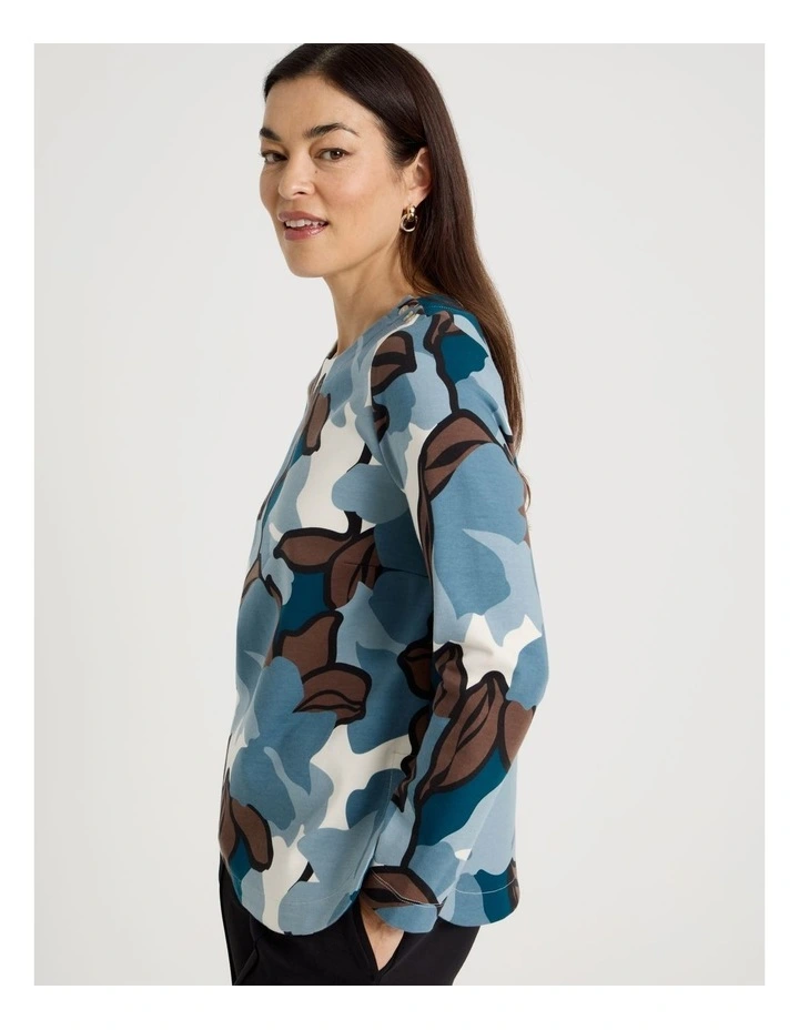 Button Shoulder Ponte Tee With Curved Hem in Teals/Brown/Black Large Abstract image 4