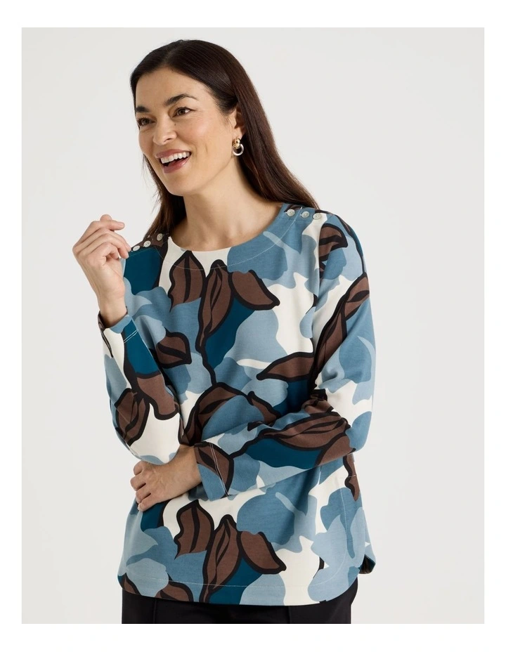 Button Shoulder Ponte Tee With Curved Hem in Teals/Brown/Black Large Abstract image 5