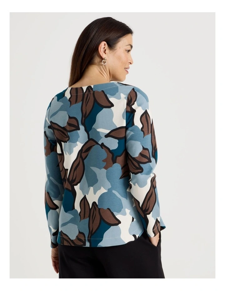 Button Shoulder Ponte Tee With Curved Hem in Teals/Brown/Black Large Abstract image 6