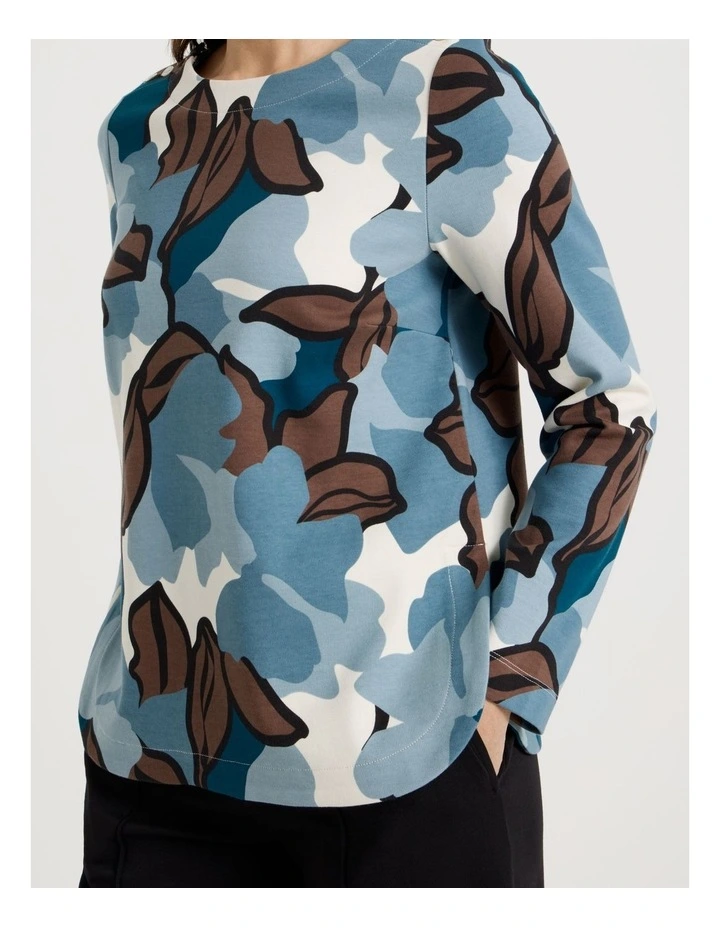 Button Shoulder Ponte Tee With Curved Hem in Teals/Brown/Black Large Abstract image 7