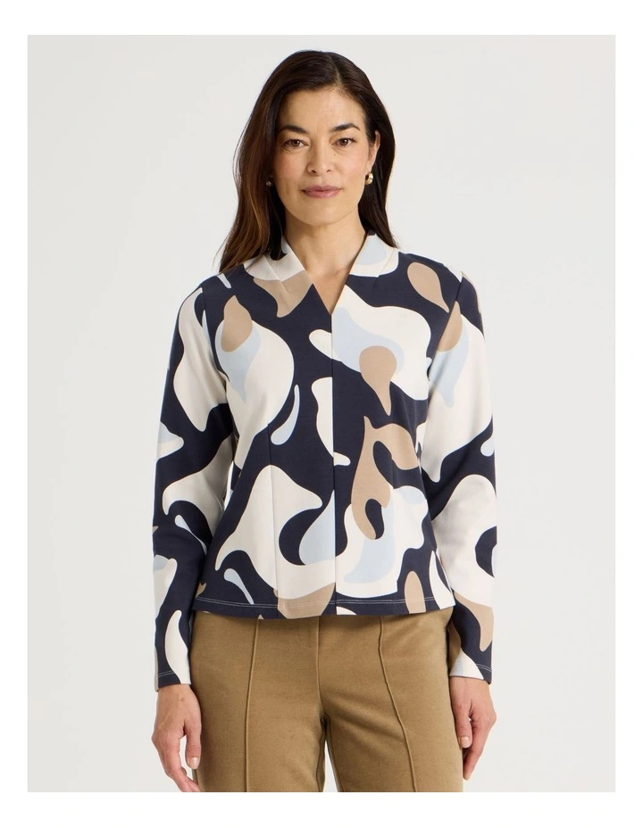 High V Neck Tee in Navy Ground, Blues, and Ivory Abstract Print image 1