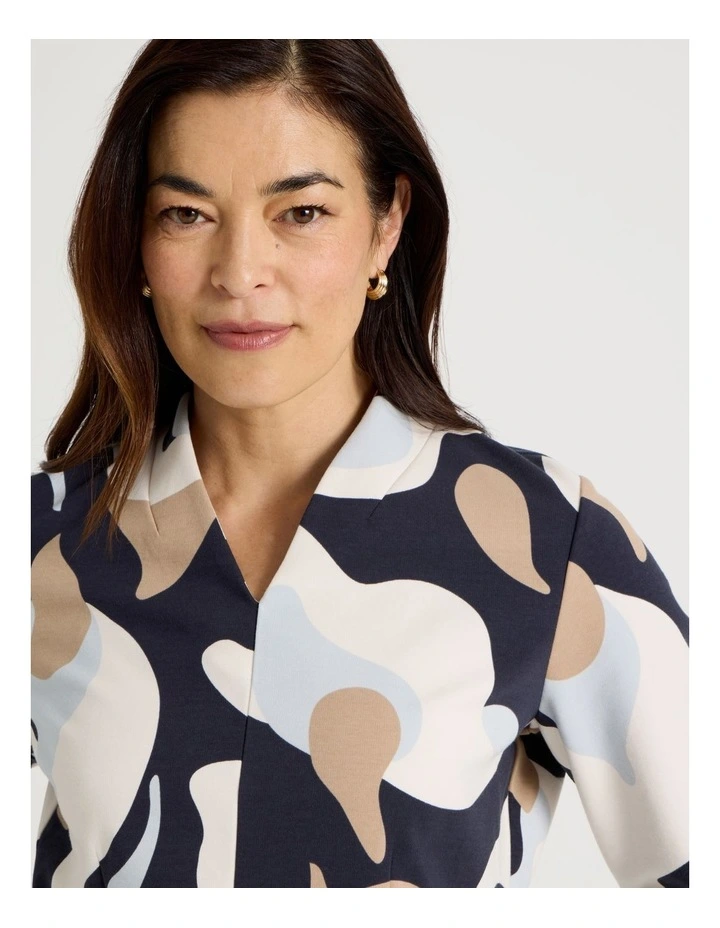 High V Neck Tee in Navy Ground, Blues, and Ivory Abstract Print image 3