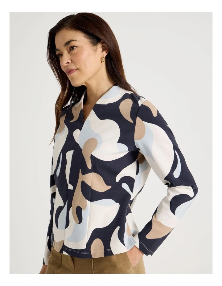 High V Neck Tee in Navy Ground, Blues, and Ivory Abstract Print image 4