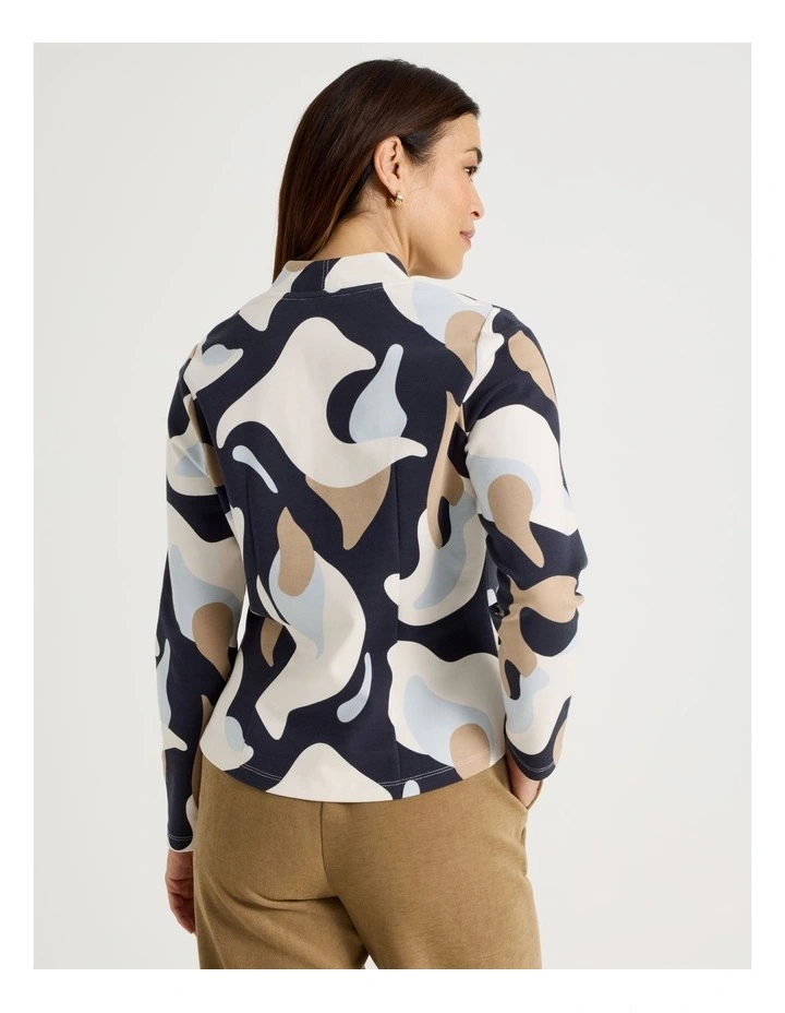 High V Neck Tee in Navy Ground, Blues, and Ivory Abstract Print image 5