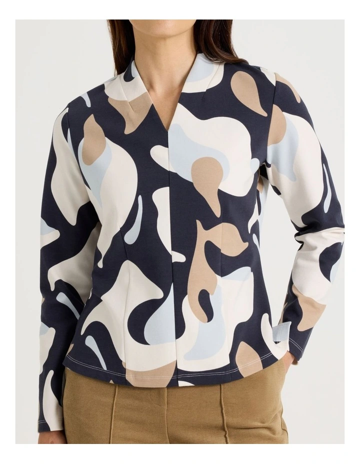 High V Neck Tee in Navy Ground, Blues, and Ivory Abstract Print image 6