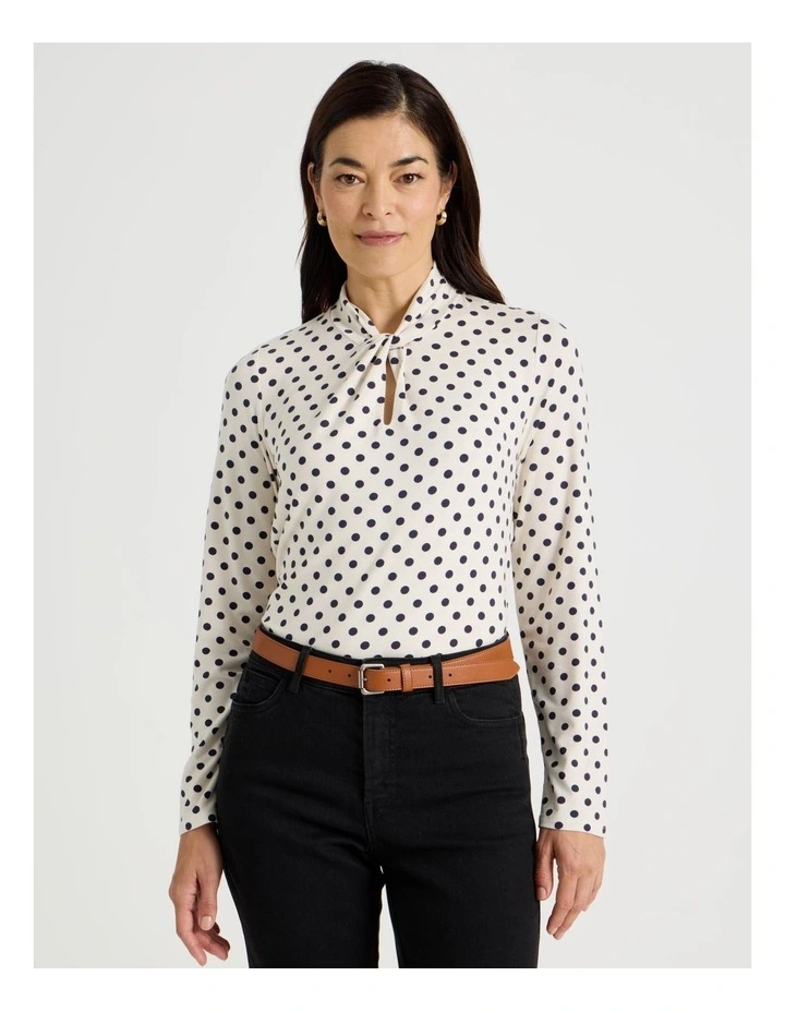 Knot Neck Tee in Ivory and Navy Spot Print image 1