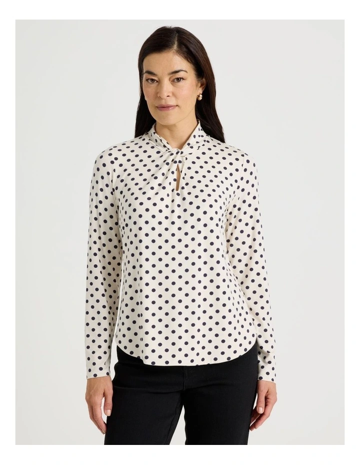 Knot Neck Tee in Ivory and Navy Spot Print image 3