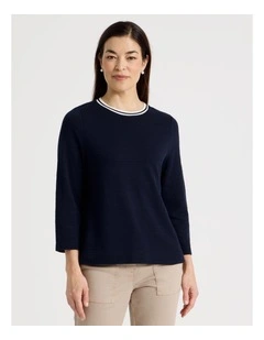 3/4 Sleeve Tee With Stripe Neck Band in Navy/White