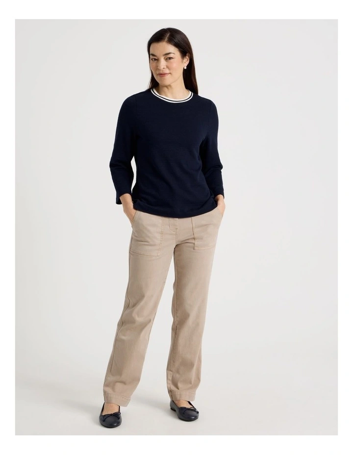 3/4 Sleeve Tee With Stripe Neck Band in Navy/White image 2