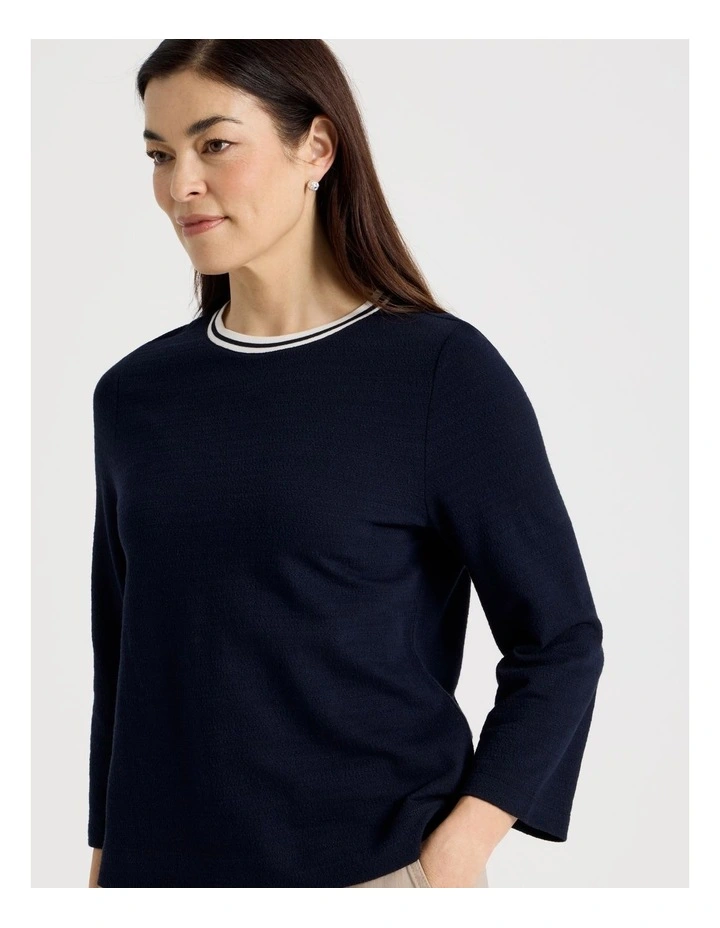 3/4 Sleeve Tee With Stripe Neck Band in Navy/White image 4
