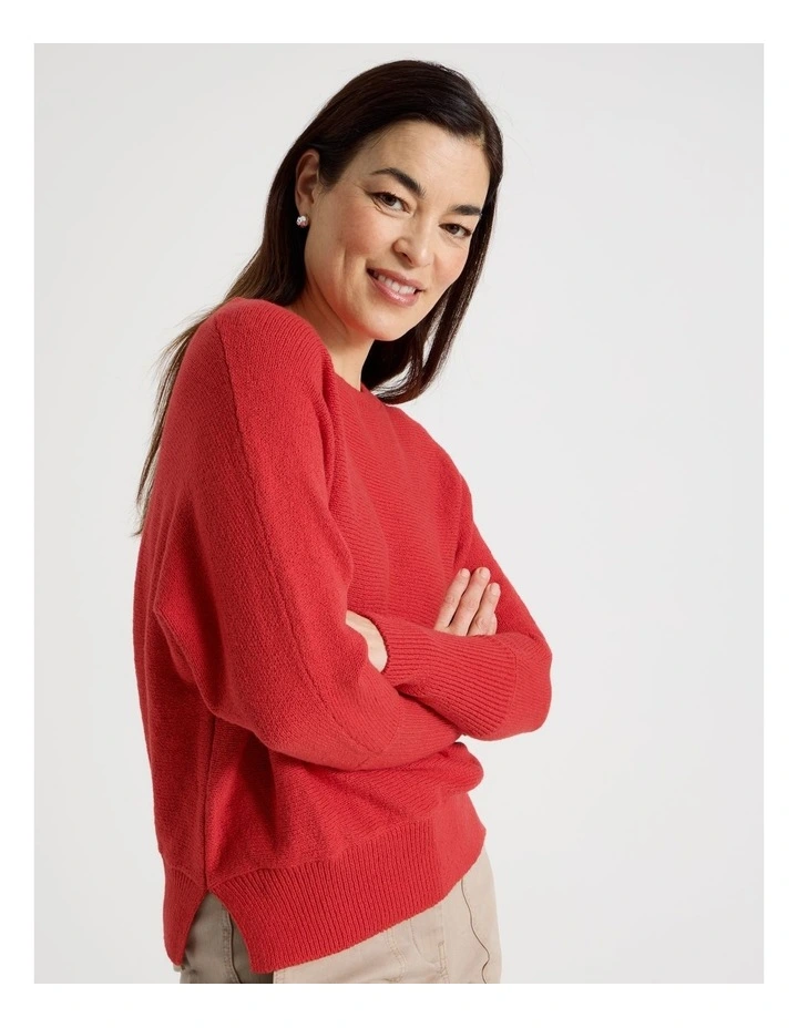 Magyar Sleeve Jumper With Long Rib Cuffs in Red image 2