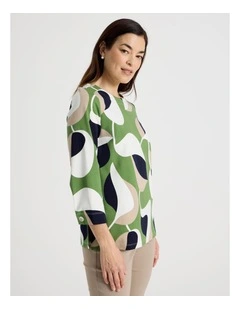 3/4 Sleeve Tee With Side Splits in Olive/Navy/Ivory/Neutral Abstract Print