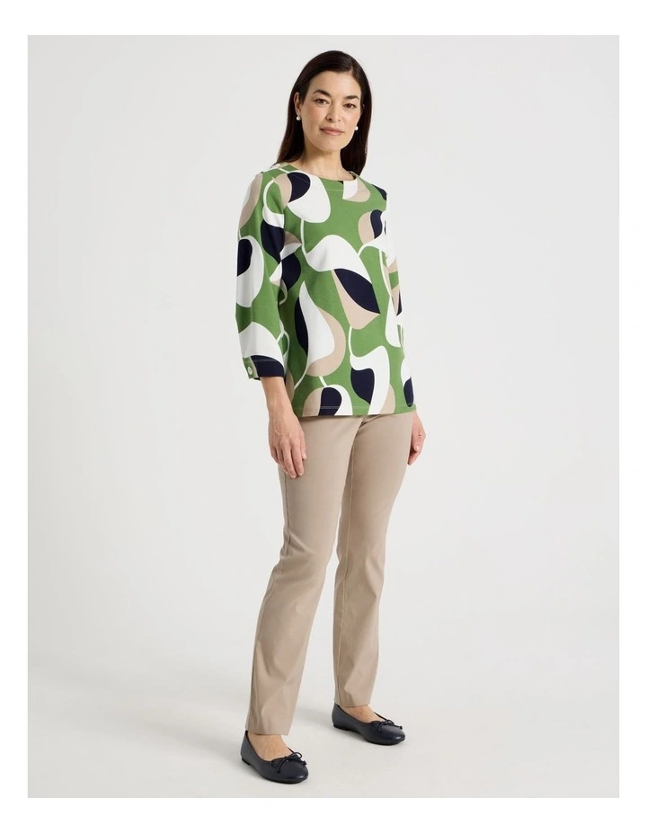 3/4 Sleeve Tee With Side Splits in Olive/Navy/Ivory/Neutral Abstract Print image 4