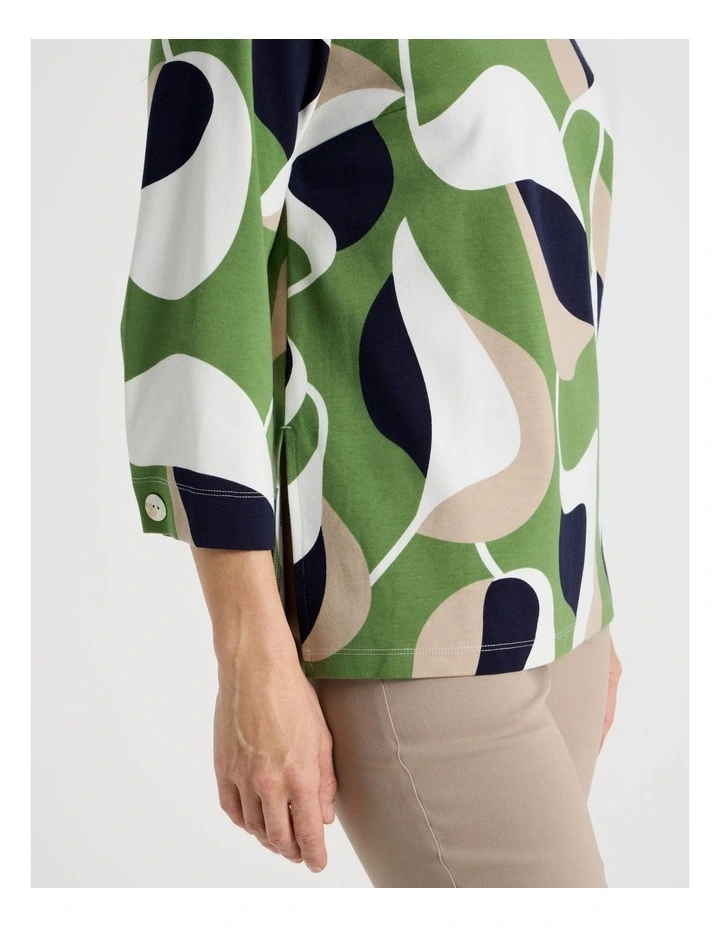 3/4 Sleeve Tee With Side Splits in Olive/Navy/Ivory/Neutral Abstract Print image 5