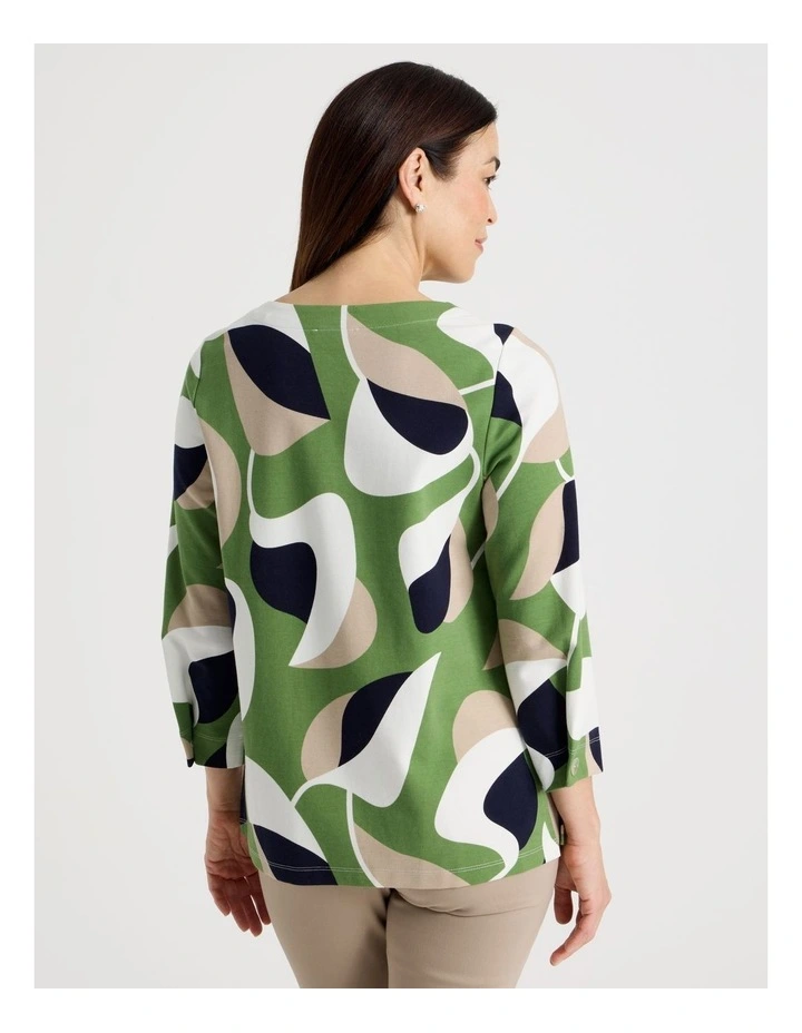 3/4 Sleeve Tee With Side Splits in Olive/Navy/Ivory/Neutral Abstract Print image 6
